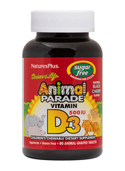 Natures Plus Animal Parade Sugar Free Vitamin D3 500 IU Children's Chewable Dietary Supplement, Black Cherry Flavor, 90 Tablets
