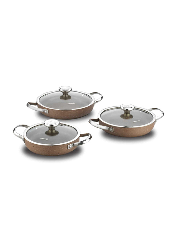 Korkmaz 6-Piece Browni Non-Stick Round Omelet Pan with Lid Set, A1302, Brown