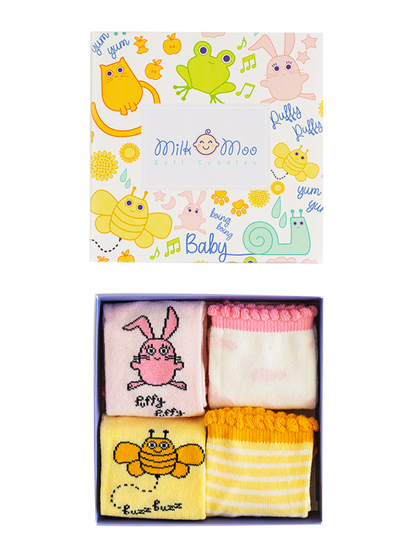 Milk & Moo Yellow Buzzy Bee and Pink Rabbit Chancing 4 In 1 Baby Socks, 0-12 Months, Multicolour