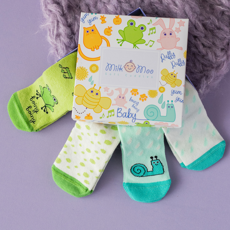 Milk & Moo Cacha Frog and Baby Sangaloz Snail 4 In 1 Baby Socks, 0-12 Months, Multicolour