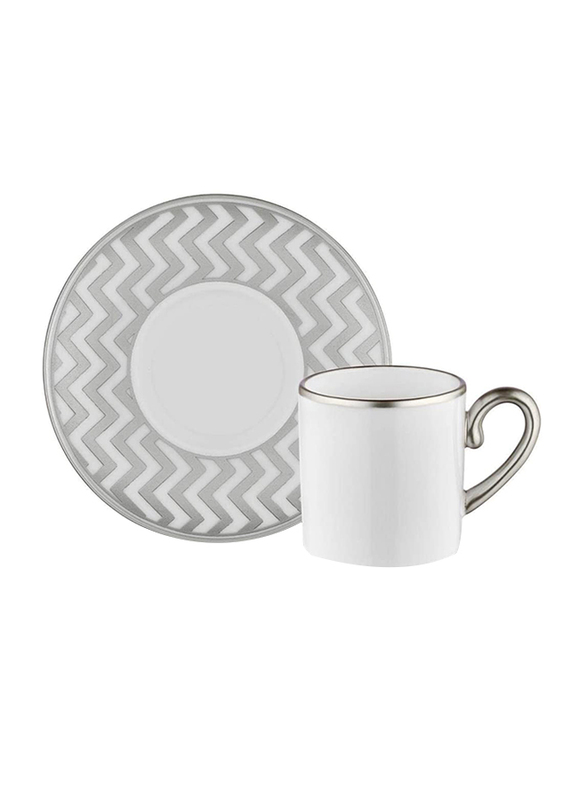 Koleksiyon 12-Piece Sufi Turkish Coffee Cup and Zigzag Pattern Saucer Set, White/Silver