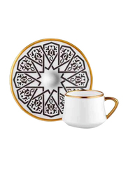 Koleksiyon 12-Piece Seljukian Sufi Turkish Coffee Cup and Saucer Set, White/Gold/Black