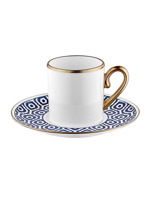 Koleksiyon 12-Piece Eva Turkish Marakesh Antrasit Coffee Cup and Saucer Set, White/Blue/Gold