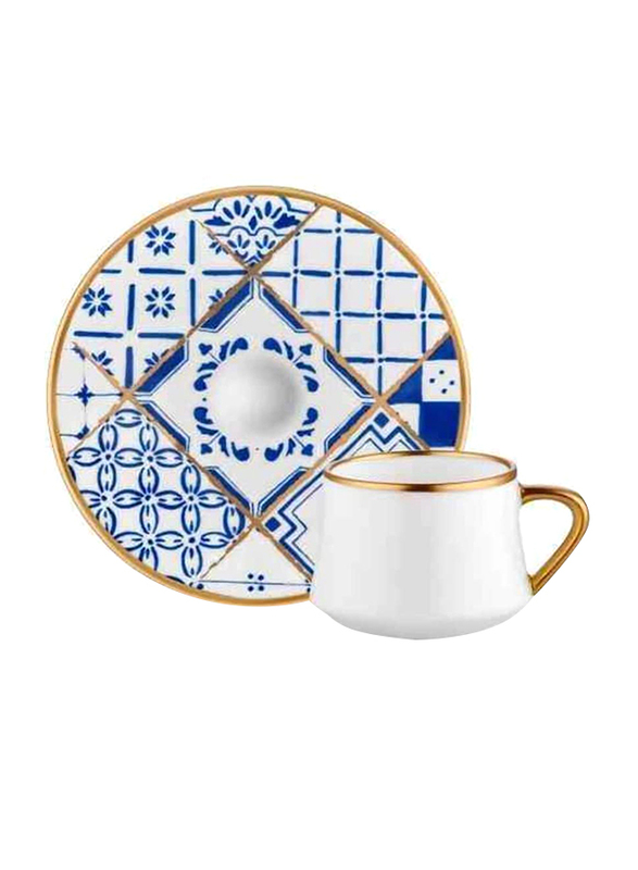 Koleksiyon 12-Piece Sufi Iznik Turkish Coffee Cup and Saucer Set, White/Gold/Blue