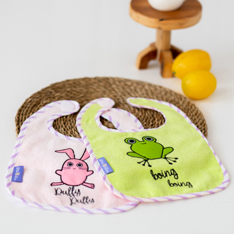 Milk & Moo 2-Pieces Chancing Rabbit & Cacha Frog Muslin Baby Bibs Set, Pink/Green