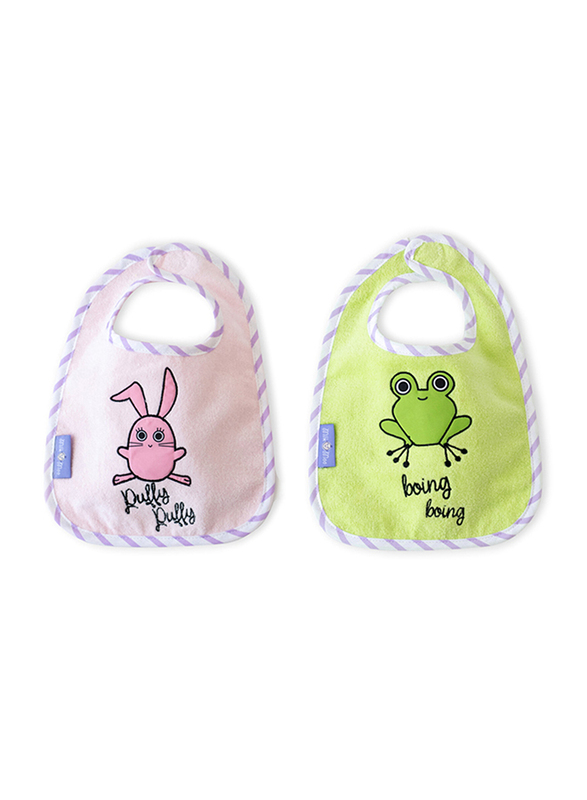 Milk & Moo 2-Pieces Chancing Rabbit & Cacha Frog Muslin Baby Bibs Set, Pink/Green