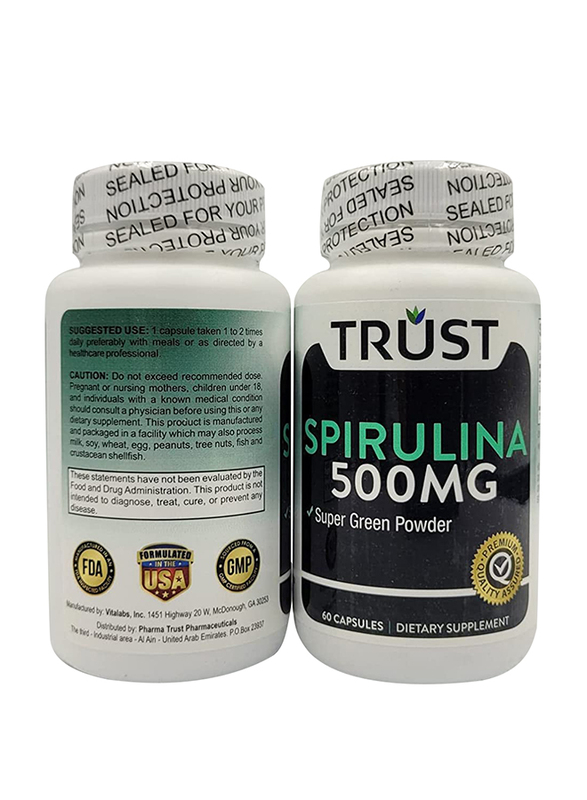 Trust Spirulina Super Green Powder Dietary Supplement, 500mg, 60 Capsules
