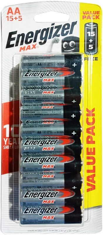 

Energizer E91HP Max 1.5V Alkaline AA Batteries, 20 Pieces, Silver/Black