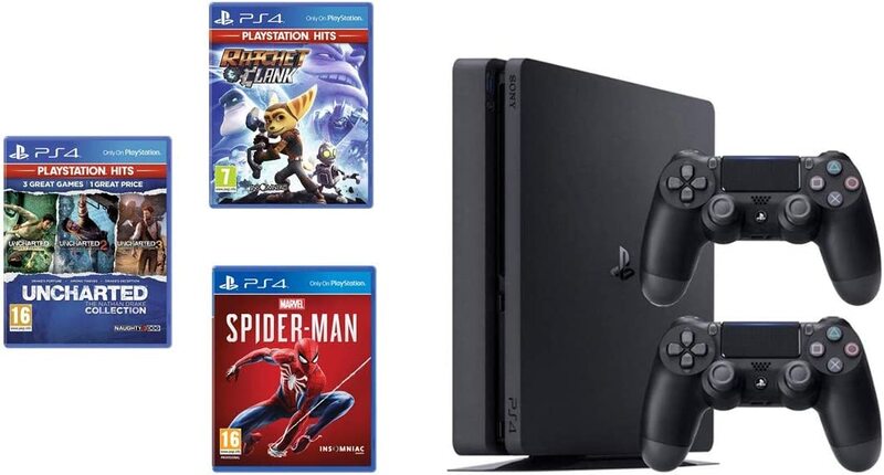 

Sony PlayStation 4 Slim 500 GB Console with 2 Controller and Ratchet & Clank/Spiderman/Uncharted Collection, Black