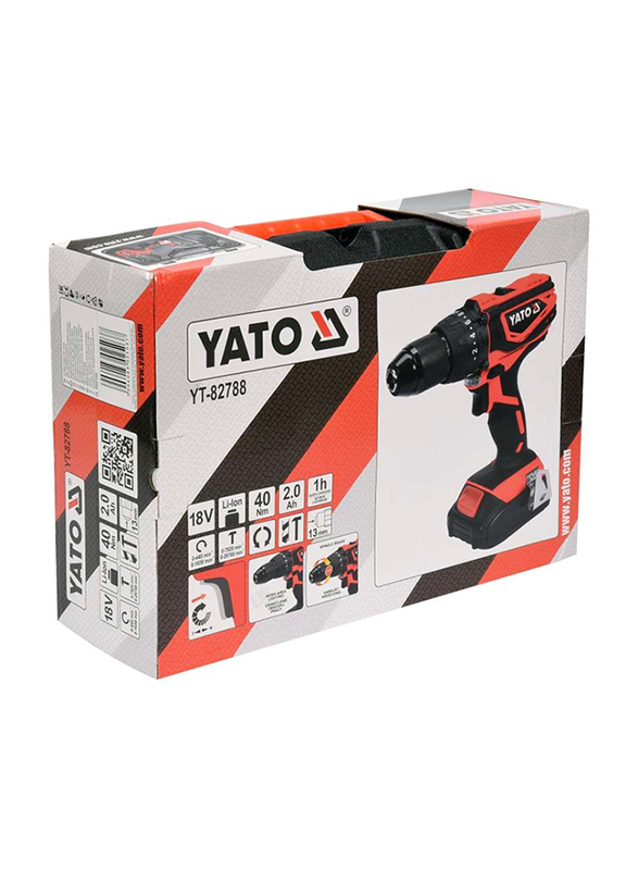 Yato Cordless Impact Drill 13mm 18V with 2.0Ah Battery & Quick Charger BMC Box, YT-82788, Orange/Black