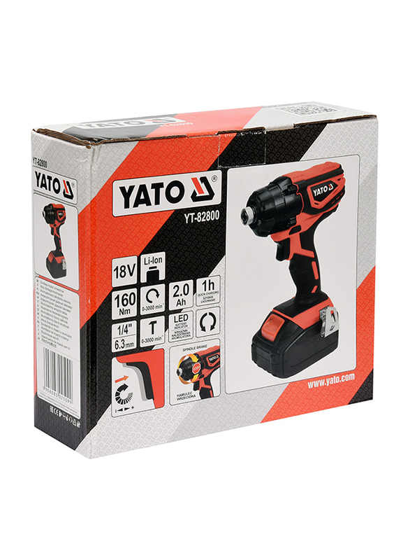 Yato Cordless Impact Screwdriver 18V with 2.0Ah Battery & Quick Charger Color Box, YT-82800, Orange/Black