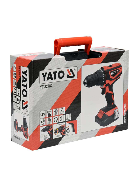 Yato Cordless Drill-Driver 13mm 18V (Mabuchi Motor) with 2.0Ah Battery & Quick Charger & BMC Box, YT-82782, Orange/Black