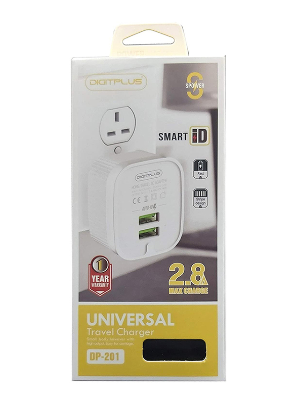 Digitplus UK Plug Wall/Travel Charger, 2.8A Dual USB Ports with USB to Micro-A USB Data and Charge Cable, White
