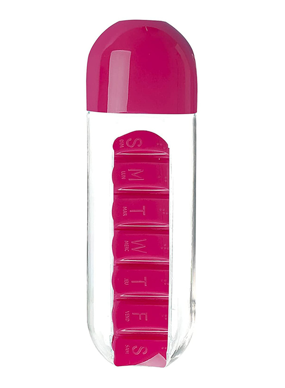 

600ml Portable Water Bottle with Medication Reminder Pill Organizer, Pink