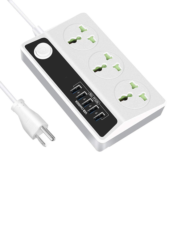 

Porodo 3-Outlet Surge Protector 2500W 10A Power Strip with 5 Ports 3.4A/17W USB Charger for Multiple Devices, White