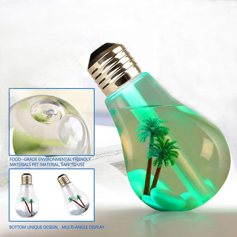 USB Ultrasonic Humidifier Portable Desktop Bulb Air Humidifier with On/Off 7 Colour Changing LED Night Lights, 400ml, Clear/Silver
