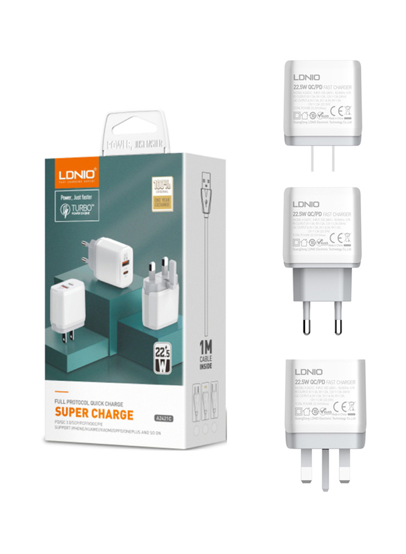 

Ldnio A2421C Quick Travel Charger Adapter, White