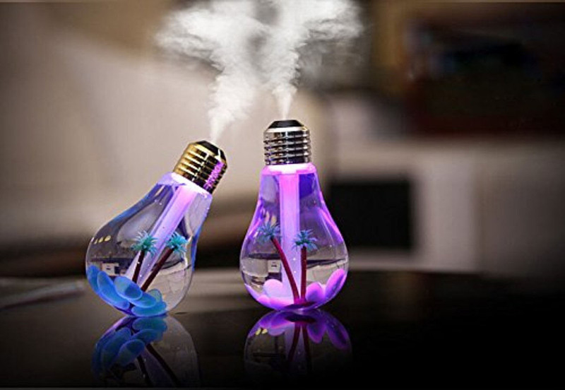 USB Ultrasonic Humidifier Portable Desktop Bulb Air Humidifier with On/Off 7 Colour Changing LED Night Lights, 400ml, Clear/Silver