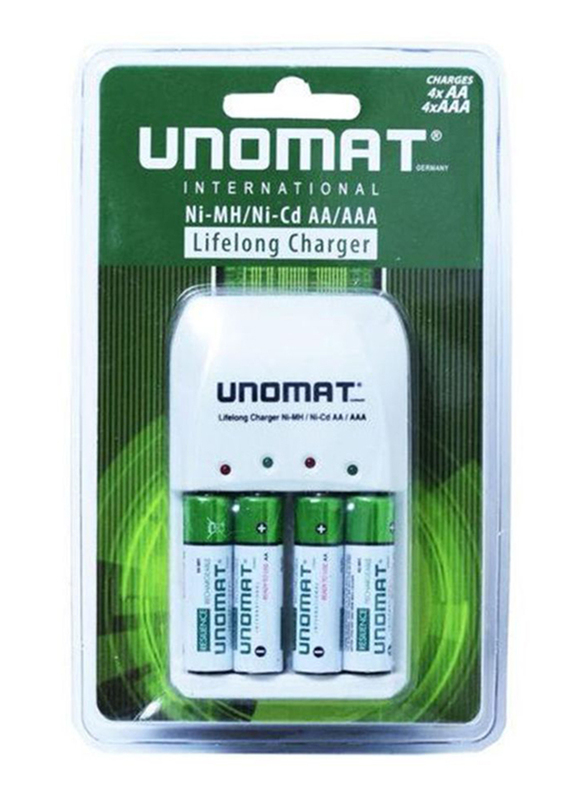 

Unomat Ni-MH/Ni-cd AA/AAA Battery Charger with 4 AA Rechargeable Batteries, White