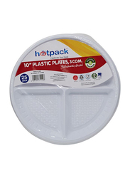 Hotpack 10-inch 25-Piece Plastic Round Plate Set, 3 Compartment, White
