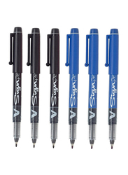 Pilot 6-Piece V Sign Felt Tipped Fineliner Liquid Ink Bold Point Pen Set, 0.6mm, Black/Blue