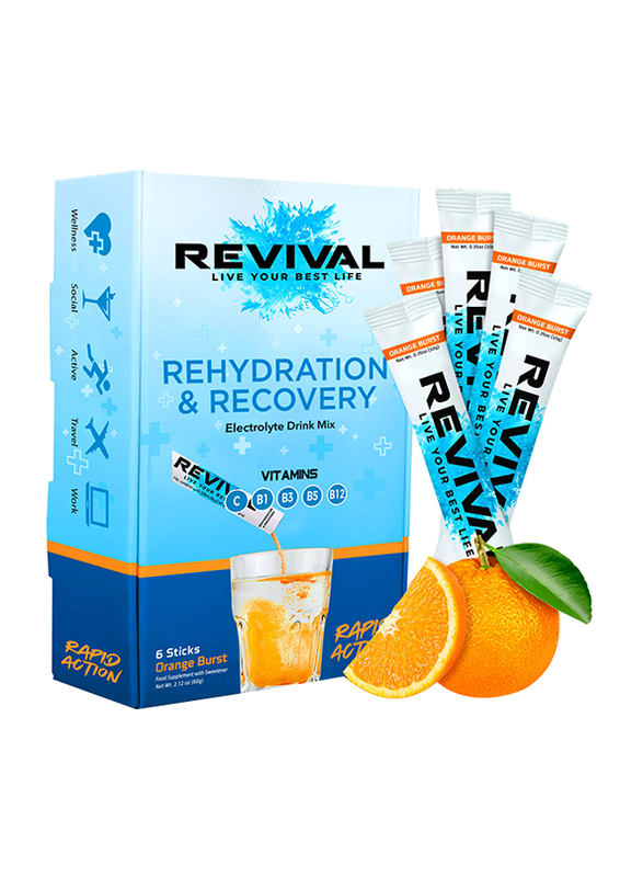 

Revival Orange Burst Rapid Rehydration Electrolytes Powder, 6 Sticks, 60g