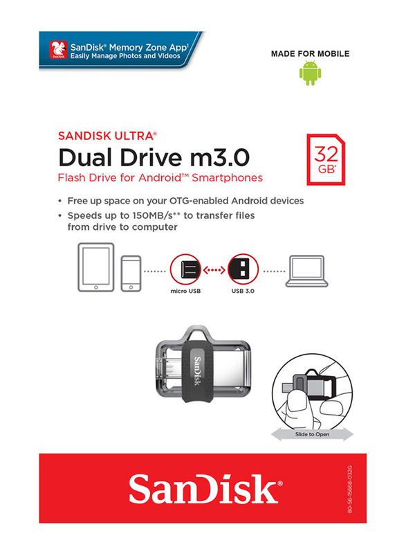 SanDisk 32GB Move The Ultra Dual Drive mUSB 3.0 Flash Drive, Clear/Black