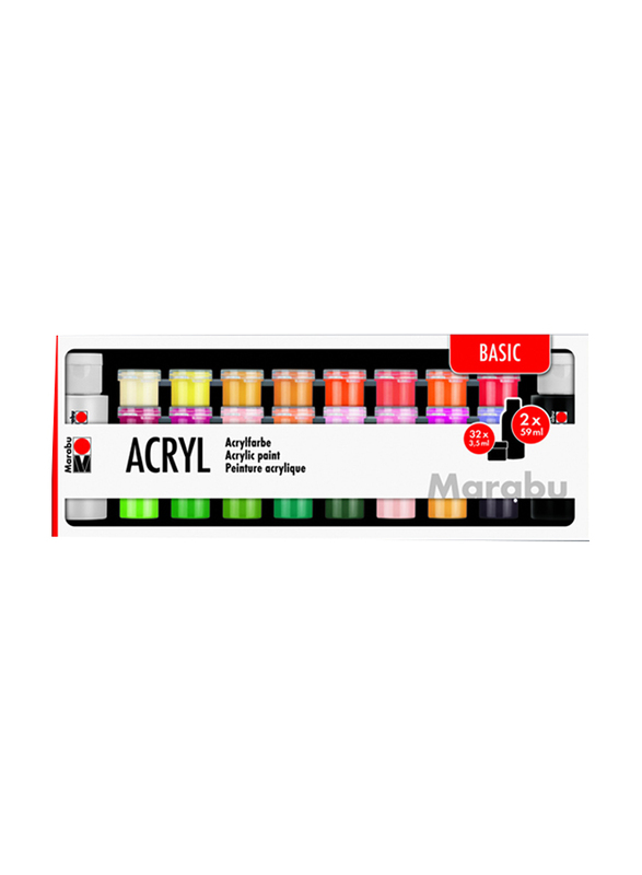 

Marabu 34-Piece Acrylic Paint Set, 32 x 3.5ml & 2 x 59ml, Multicolour