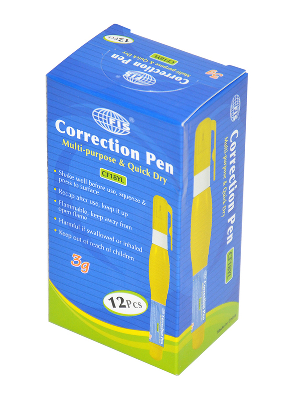 FIS 12-Piece Correction Pen, 3g, FSCF18YL, Yellow