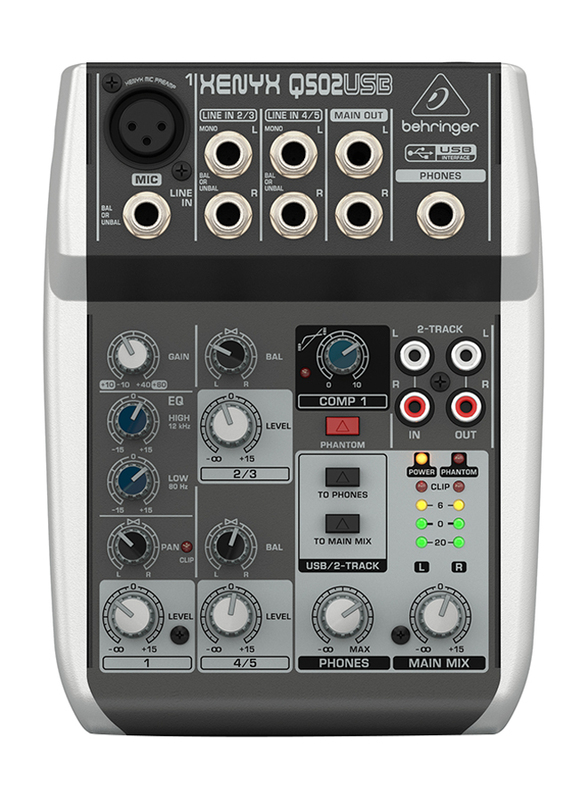 

Behringer Premium 5-Input 2-Bus Mixer with XENYX Mic Preamp and Compressor, British EQs and USB/Audio Interface, Q502USB, White/Black