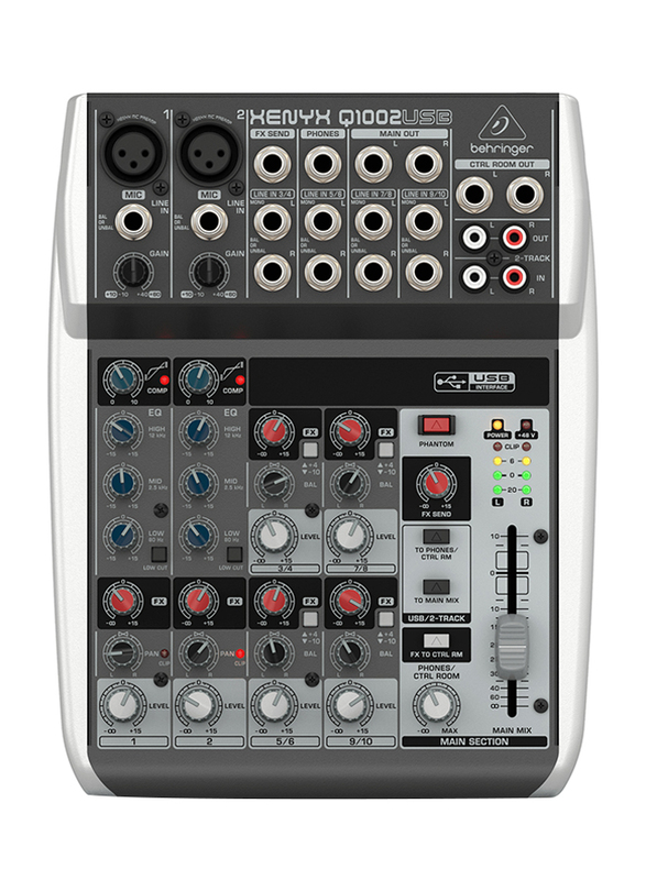 

Behringer Premium 10-Input 2-Bus Mixer with XENYX Mic Preamps and Compressors, British EQs and USB/Audio Interface, Q1002USB, White/Black