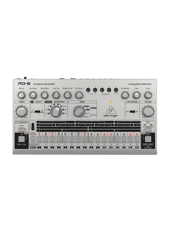 

Behringer Classic Analog Drum Machine with 8 Drum Sounds, 16 Step Sequencer and Distortion Effect, RD6SR, Silver