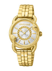 Roberto Cavalli Franck Muller Analog Watch for Women with Stainless Steel Band, Water Resistant, RV1L126M1031, Gold-White