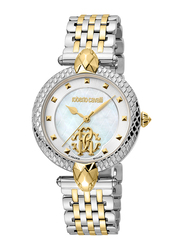 Roberto Cavalli Franck Muller Analog Watch for Women with Stainless Steel Band, Water Resistant, RV1L130M0071, Gold-White