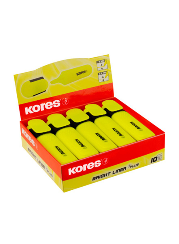 Kores 10-Piece Bright Liner Highlighter Pen with 0.5-5mm Chisel Tip, Yellow