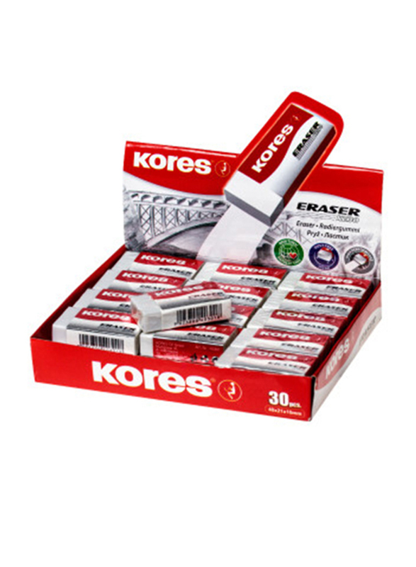 Kores 30-Piece KE-30 Paper Sleeved PVC Eraser, White
