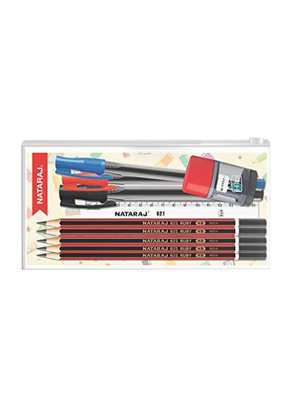 Nataraj 621 5-Piece Pencil + 15cm Scale + 621 Pen + Iflip Sharpener School Pouch Set, Multicolour