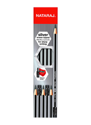 Nataraj 12-Piece Hex HB Silver Pencil Set with Rubber Tip and Sharpener, Silver