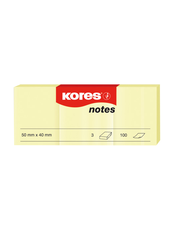 Kores Sticky Notes, 5 x 4cm, 3 Pads x 100 Sheets, Yellow