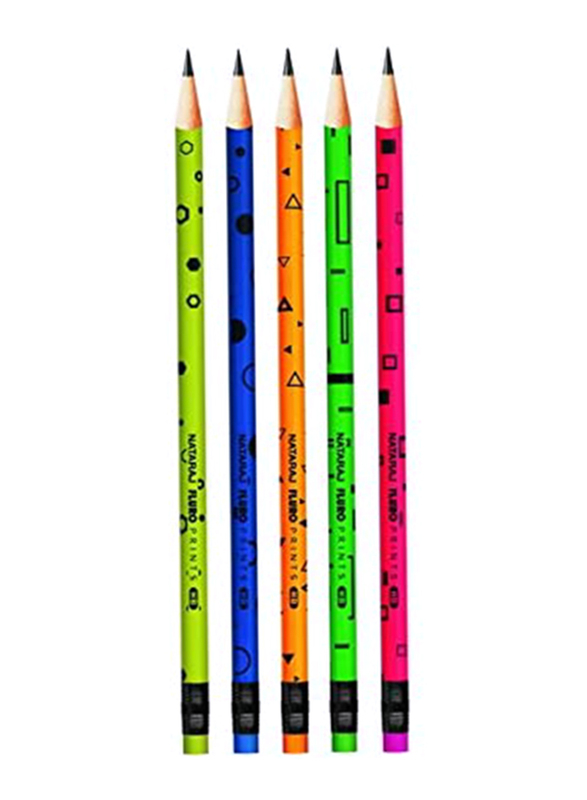 Nataraj 12-Piece Fluro Print Round Pencil Set with Rubber Tip, Multicolour