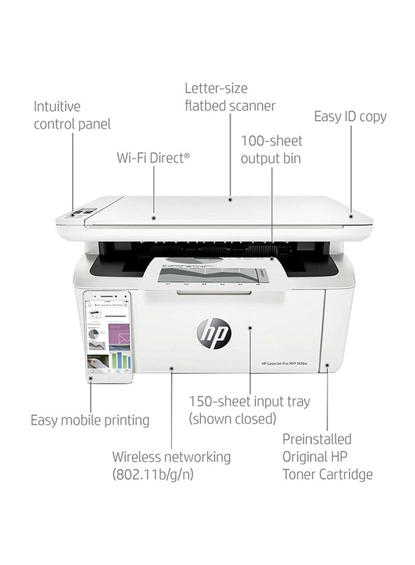 HP LaserJet Pro M28w W2G55A Multi-Function Laser Printer, White