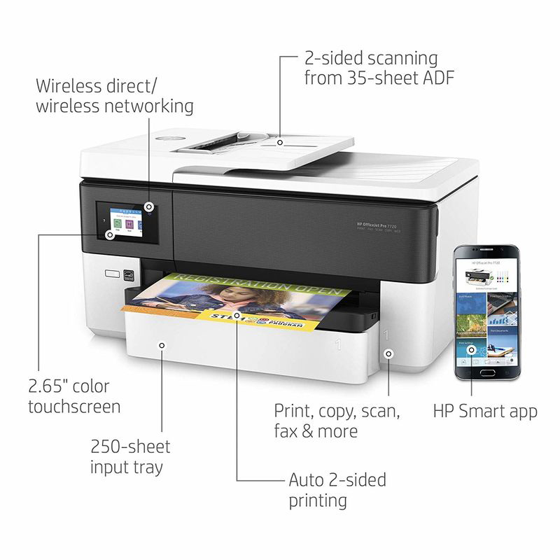 HP OfficeJet Pro 7720 Y0S18A All In One Wide Format Printer, White/Black