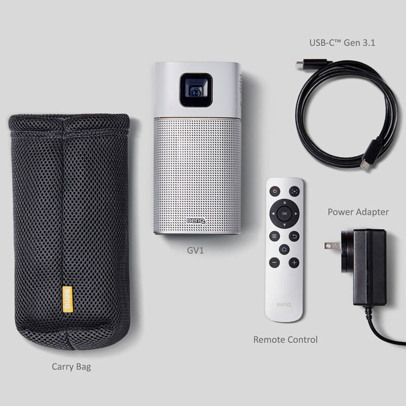BenQ GV1 FHD LED Wireless Portable Projector, 200 Lumens, Wi-Fi and Bluetooth Speaker, Silver