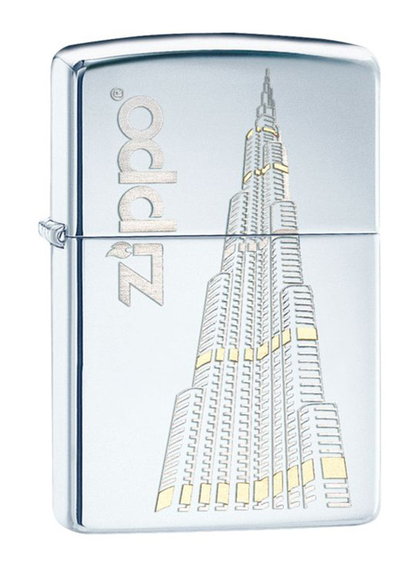 

Zippo High Polished Chrome Burj Khalifa Design with Zippo Logo Classic Lighter, Grey