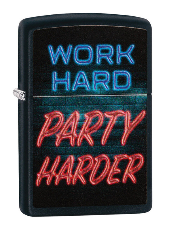 

Zippo Work Hard Party Harder in Blue and Red Color Print Design Classic Lighter, Black