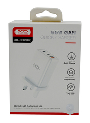 Xo Fast Gan Wall Charger with UK Plug, CE03, 65W, White