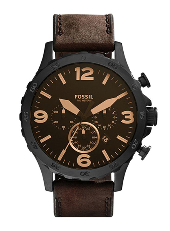 Fossil Nate Analog Watch for Men with Leather Band, Chronograph, JR1487, Brown