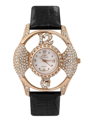 Mon Grandeur Analog Watch for Women with Leather Band, Water Resistant, Crystal Studded, IN-82398, Black-White