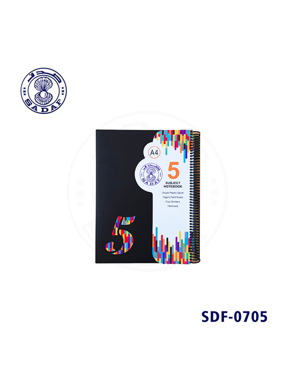 

Sadaf Plastic Spiral PP 5 Subject Notebook, 150 Sheets, 70 GSM, A4 Size, Black/White