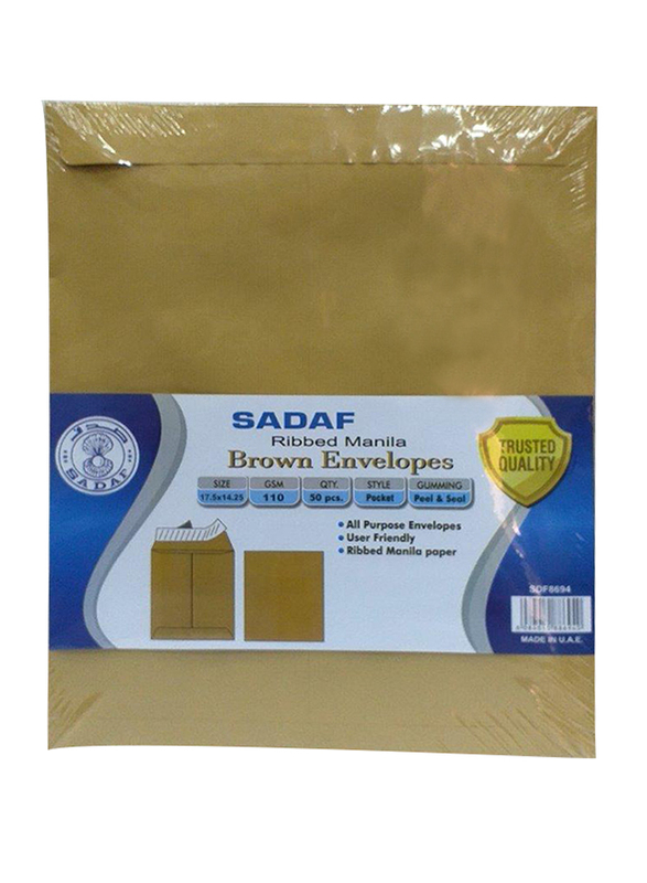 

Sadaf Ribbed Manila Envelopes, 17.5 x 14.5cm, 50-Pieces, 100GSM, Brown